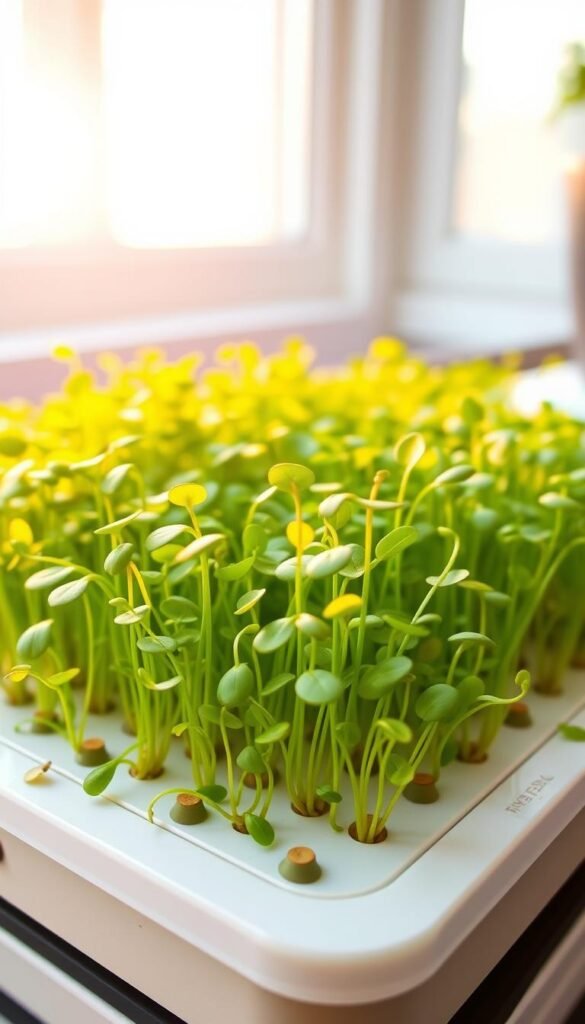 A bountiful tray of vibrant mustard microgreens, their delicate leaves gently unfurled, ready for a flavorful harvest. The miniature plants stand tall, their slender stems illuminated by warm, natural lighting streaming through a window, casting a soft, golden glow. The tray is positioned on a sleek, modern hydroponic system, its clean, minimalist design complementing the organic beauty of the microgreens. The overall scene exudes a sense of freshness, vitality, and the rewarding simplicity of indoor, hydroponic cultivation.