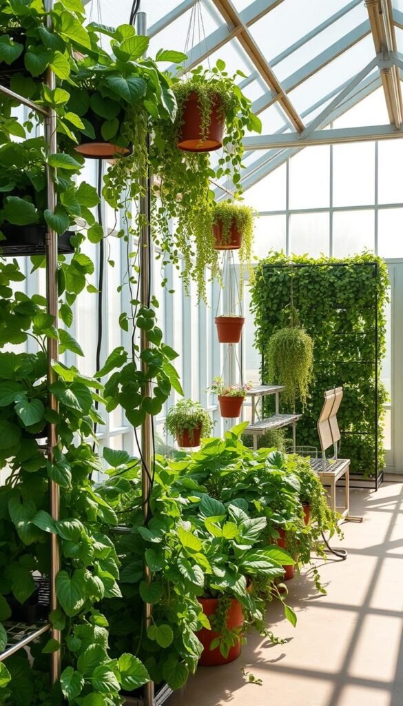 A bright, airy greenhouse filled with thriving vertical gardening systems. In the foreground, neatly arranged tiers of lush, verdant vegetable plants cascade down sturdy metal racks. Midground showcases a variety of hanging baskets and wall-mounted planter boxes overflowing with cascading vines and leafy greens. The background features large windows allowing ample natural light to flood the space, casting a warm, golden glow. Crisp, clean lines and a minimalist aesthetic create a serene, modern atmosphere, highlighting the efficiency and beauty of vertical gardening.