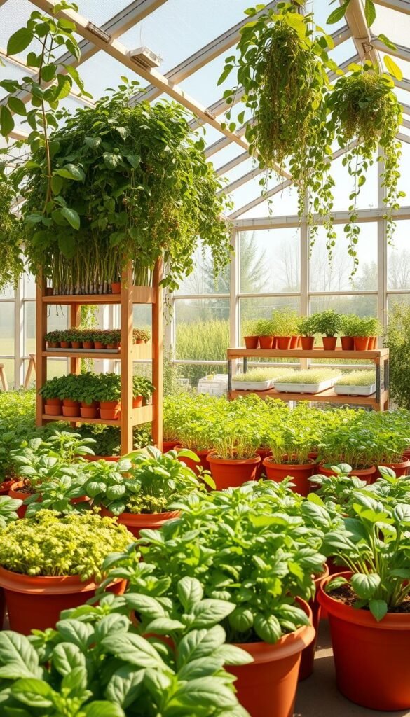 A bright, airy greenhouse interior bathed in warm, natural light. In the foreground, a lush and diverse arrangement of potted indoor plants - vibrant microgreens, leafy kale, and bushy basil nestled among terracotta pots. In the middle ground, a wooden shelving unit displays an assortment of hydroponic systems housing miniature vegetable varieties, their leaves gently swaying. The background features a panoramic view of the greenhouse, with towering tomato vines and cascading hanging plants creating a verdant, serene atmosphere. The overall scene conveys a sense of abundance, vitality, and the joy of cultivating a thriving indoor garden.