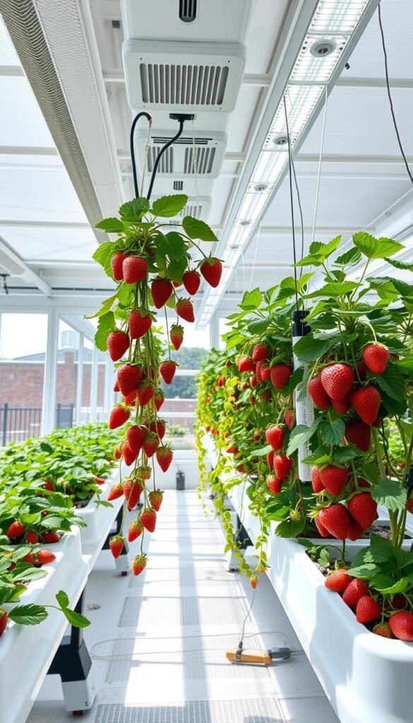 A bright, airy indoor garden filled with flourishing berry plants. In the foreground, a hydroponic setup with lush strawberry vines cascading from suspended planter boxes. Overhead, a high-efficiency LED grow light system bathes the scene in a soft, even glow. The middle ground reveals a network of climate control systems - fans, vents, and temperature/humidity sensors - maintaining the optimal growing environment. In the background, a wall of floor-to-ceiling windows looks out onto a sunlit patio, blending the indoor and outdoor spaces. The overall atmosphere is one of harmony, productivity, and a well-engineered horticultural oasis.