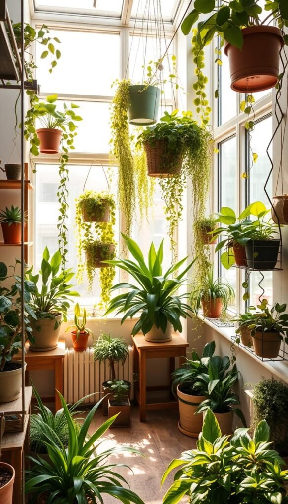 A bright, airy indoor garden oasis with lush, thriving potted plants, succulents, and trailing vines cascading from shelves and hanging baskets. Warm, diffused sunlight filters in through large windows, casting a gentle glow on the verdant foliage. Minimalist wooden furniture and neutral-toned decor create a serene, calming atmosphere, highlighting the natural beauty of the plants. The camera captures a mid-wide angle, showcasing the efficient use of vertical space and the potential for a vibrant, compact urban garden in a tight living area.