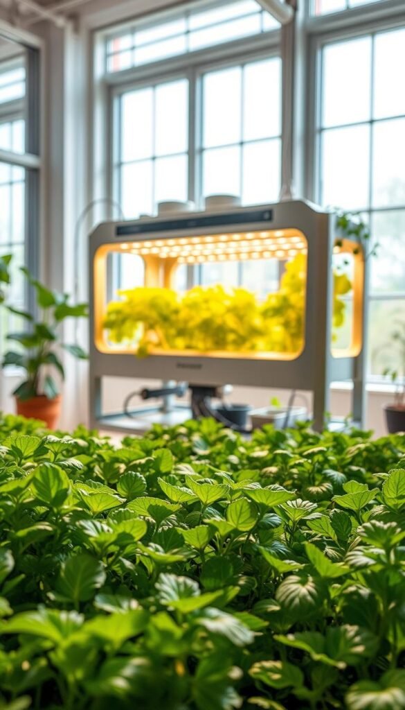 A bright, airy indoor setting showcasing the benefits of home hydroponics. In the foreground, a lush, verdant hydroponic garden teeming with thriving leafy greens and herbs, their leaves glistening with freshness. The middle ground features a well-designed modular hydroponic system, its sleek components and LED grow lights creating a futuristic, efficient aesthetic. In the background, large windows allow natural light to flood the space, highlighting the vibrant colors and clean lines of the setup. The overall scene conveys a sense of wellness, sustainability, and the joys of growing nutritious produce right at home, without the constraints of soil-based gardening.