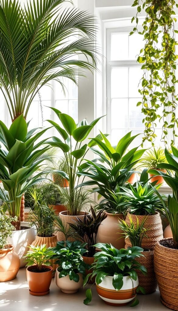 A bright, airy indoor space filled with a variety of lush, verdant houseplants in artfully arranged ceramic, terracotta, and woven baskets. The plants are set against a backdrop of soft, natural light filtering in through large windows, casting gentle shadows and highlighting the textures of the foliage. The scene evokes a sense of tranquility and balance, inviting the viewer to imagine themselves immersed in a calming, plant-filled oasis. A carefully curated selection of potted plants, from towering palms to cascading vines, creates a harmonious, visually pleasing composition.