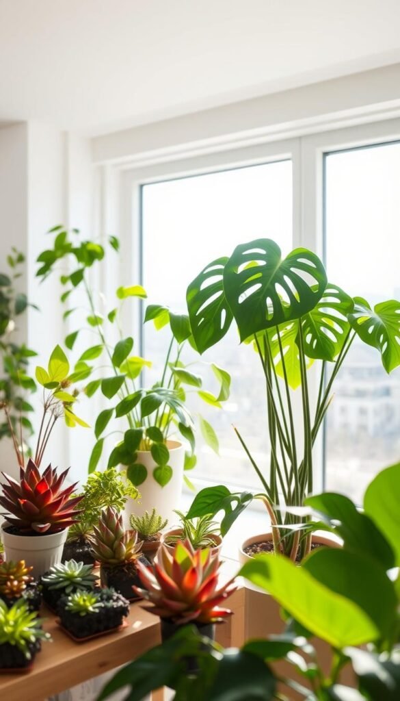 A bright, airy indoor space with lush, thriving houseplants bathed in soft, indirect natural light. In the foreground, a collection of succulents and small-leaved plants sit on a simple wooden shelf, their vibrant colors and organic forms contrasted by the clean, minimalist aesthetic. The middle ground features larger, leafy plants like pothos and monstera, their elongated stems and broad foliage gently swaying in the ambient illumination. The background showcases a large window overlooking a tranquil outdoor scene, the diffused daylight filtering in and casting a warm, even glow throughout the scene. The overall mood is one of serenity, wellness, and the harmonious coexistence of nature and modern design.