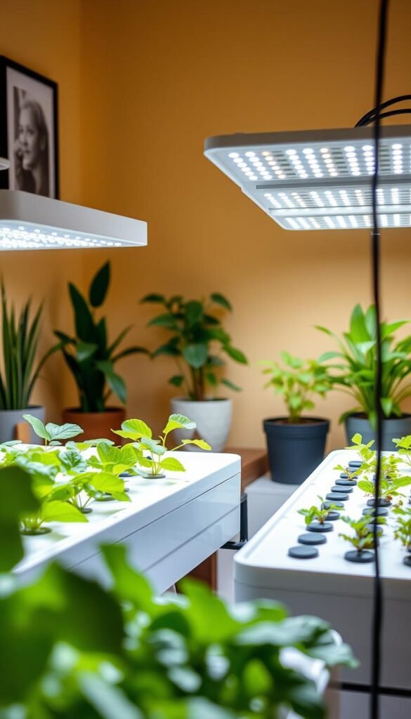 A bright, clean indoor hydroponic setup in a cozy home corner. The foreground showcases a modern hydroponic growing system with sleek, minimalist plant beds and LED grow lights casting a soft, natural glow. The middle ground features lush, vibrant hydroponically-grown plants, their leaves catching the light. The background subtly frames the scene with warm, neutral-toned walls and a few decorative houseplants, creating a harmonious, inviting atmosphere. The overall composition conveys a sense of tranquility and the joy of cultivating plants indoors, ideal for an article on small-space hydroponic gardening.