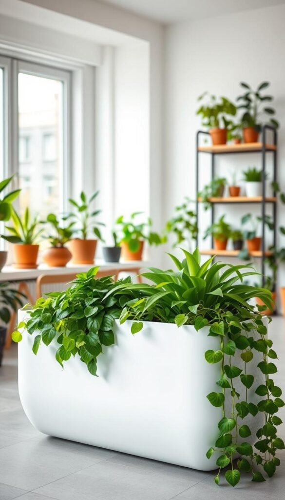 A bright, modern indoor garden scene with a self-watering planter system in the foreground. The planter is made of sleek, white ceramic with a minimalist design. Lush, green foliage of a variety of houseplants spills out of the planter, creating a verdant focal point. In the middle ground, additional potted plants are arranged on wooden shelves against a wall of large windows, allowing natural light to flood the space. The background features a clean, neutral-toned room with simple, Scandinavian-inspired decor, creating a calm, serene atmosphere. The lighting is soft and diffused, accentuating the healthy plants and the elegant simplicity of the self-watering setup.