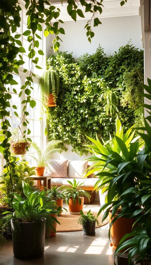 A bright, sun-dappled indoor garden oasis, with lush foliage and natural light streaming in through large windows. In the foreground, a variety of potted plants, from trailing vines to tall, leafy houseplants, arranged in a harmonious composition. The middle ground features a small sitting area, with comfortable cushions and a woven rug, inviting relaxation and contemplation. In the background, a wall of greenery, perhaps a vertical garden or a mix of hanging plants, creating a sense of tranquility and connection to nature. The lighting is soft and diffused, with warm tones highlighting the vibrant colors of the plants. The angle is slightly elevated, capturing the full depth and scale of the indoor garden space.