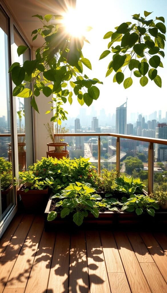 A bright, sun-drenched balcony overlooking a bustling city skyline. Lush, verdant plants thrive in carefully positioned planters, their leaves gently swaying in the warm breeze. Sunlight filters through the glass railing, casting a warm, golden glow across the scene. In the foreground, a set of small raised garden beds filled with vibrant, healthy vegetables, their leaves casting intricate shadows on the smooth wooden surface. The middle ground features a cozy seating area, a place to pause and admire the blooming foliage. In the background, the distant cityscape provides a captivating contrast, the high-rise buildings bathed in the soft, hazy light of the afternoon. The overall atmosphere is one of tranquility, productivity, and a harmonious integration of nature and urban living.
