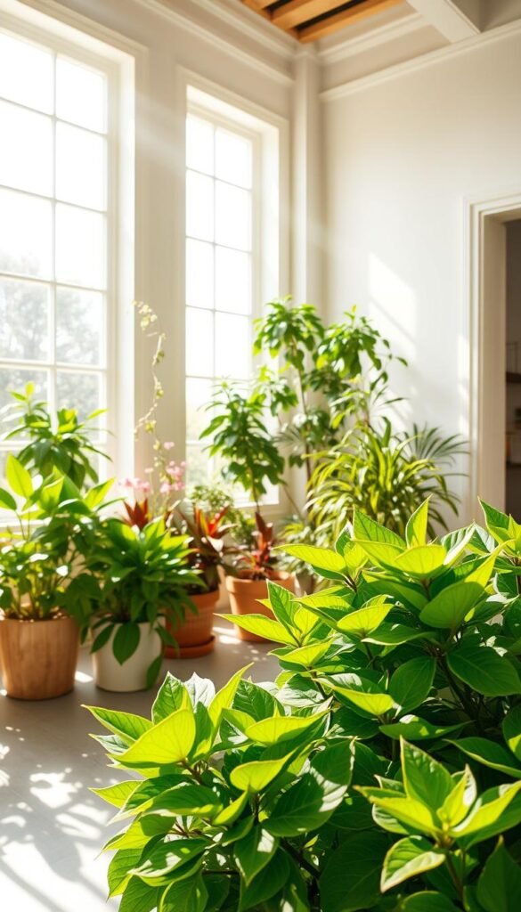 A bright, sunlit indoor garden with verdant potted plants arranged to capture maximum natural daylight. The scene has a warm, inviting ambiance, with large windows allowing sunbeams to pour in and illuminate the space. In the foreground, lush leafy greens thrive under the ample illumination, their vibrant colors and textures contrasting beautifully. The middle ground features a mix of flowering houseplants and trailing vines, strategically positioned to soak up the sun's rays. In the background, the room's architecture creates an elegant, minimalist setting, with clean lines and neutral tones that complement the natural elements. The lighting is soft and diffused, creating a sense of tranquility and well-being.