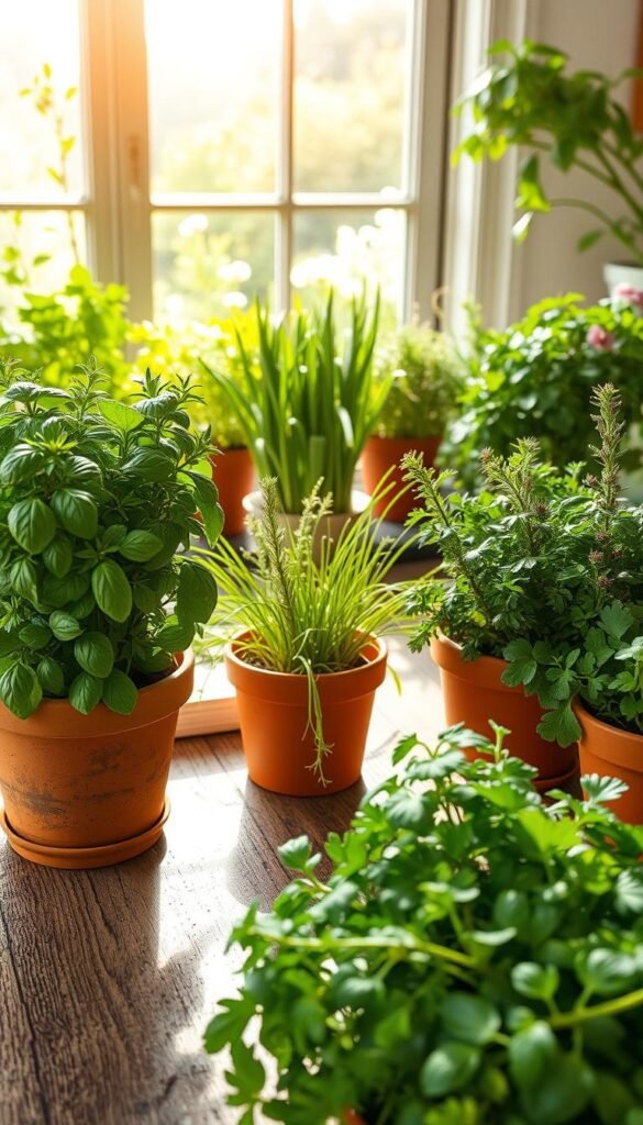 A bright, sunlit indoor herb garden showcasing a variety of fresh culinary herbs. In the foreground, lush bunches of basil, thyme, and rosemary stand in terracotta pots on a rustic wooden table. The middle ground features a selection of potted chives, oregano, and parsley, their leaves glistening with morning dew. In the background, a large window overlooking a verdant garden casts a warm, natural light, highlighting the vibrant greens and delicate flowers of the indoor herb display. The overall scene evokes a sense of homey tranquility and the promise of flavorful, homegrown ingredients for the kitchen.