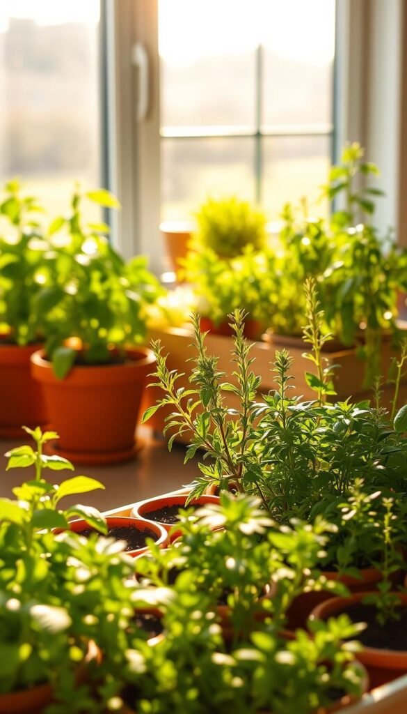 A bright, sunlit kitchen herb garden with lush, verdant plants thriving under the warm, golden glow of natural illumination. The foreground features a variety of aromatic herbs - basil, rosemary, thyme, and oregano - arranged in neatly organized planters, their leaves gently swaying in a soft breeze. The middle ground showcases a well-maintained, tidy indoor garden setup, with terracotta pots and a wooden planter box positioned near a large, sun-drenched window. The background depicts a soothing, out-of-focus outdoor scene, hinting at the garden's connection to the natural world. The overall mood is one of serene productivity, inviting the viewer to imagine the flavorful culinary possibilities of this thriving indoor herb oasis.