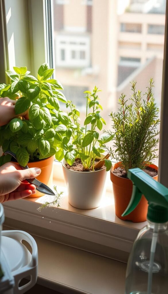 A bright, sunlit windowsill with a trio of potted herbs: lush basil, fragrant rosemary, and delicate thyme. The scene captures the gentle care and attention required to maintain healthy, thriving herbs: a hand gently watering the soil, pruning shears poised to shape the plants, and a mister bottle ready to mist the leaves. Soft, diffused natural light filters in, casting warm shadows and highlights that accentuate the vibrant green foliage. The overall atmosphere conveys a sense of tranquility, highlighting the meditative nature of tending to these culinary treasures in a cozy urban setting.