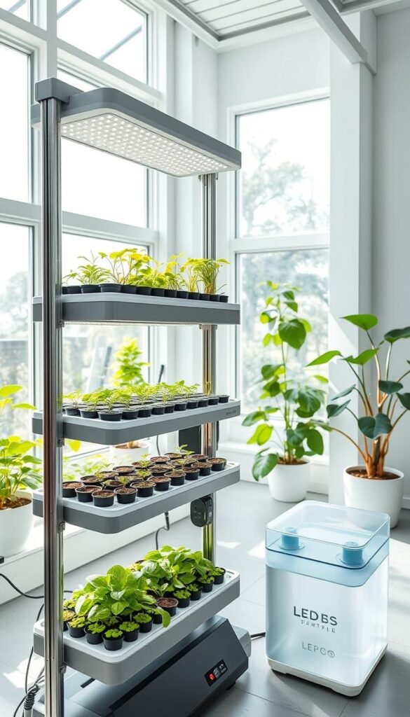 A bright, well-lit indoor garden setup with a modern, minimalist aesthetic. In the foreground, a tiered hydroponic planter unit with sleek, steel-framed shelves and LED grow lights overhead. Neatly organized on the shelves are various seedling trays, propagation domes, and small potted plants. In the middle ground, a digital control panel and a clear water reservoir. The background features clean, white walls and large windows letting in natural sunlight, creating a serene, greenhouse-like atmosphere. The overall composition emphasizes the ease and convenience of an all-in-one hydroponic gardening starter kit.