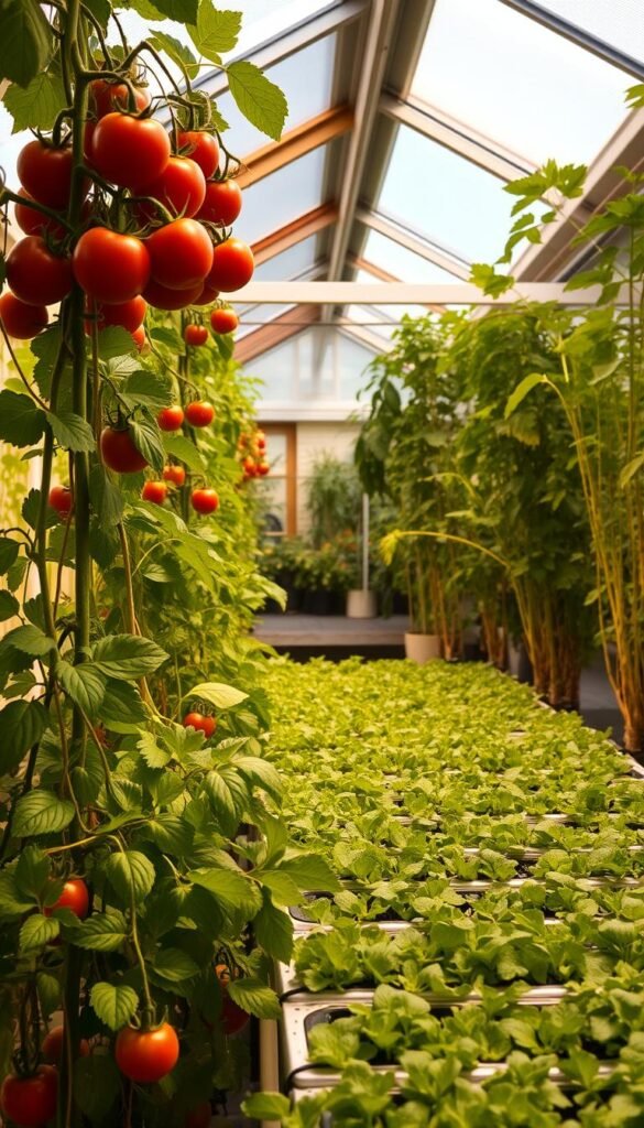 A bright, well-lit indoor greenhouse with lush, thriving vegetable plants flourishing year-round. Towering tomato vines, leafy greens, and vibrant root vegetables fill the foreground, bathed in the warm glow of full-spectrum grow lights. In the middle ground, a hydroponic setup with leafy lettuce and microgreens, neatly arranged in orderly rows. The background showcases a cozy, inviting space with exposed beams, a skylight, and a sense of tranquility, creating an atmosphere of abundant, sustainable indoor food production even in the depths of winter.
