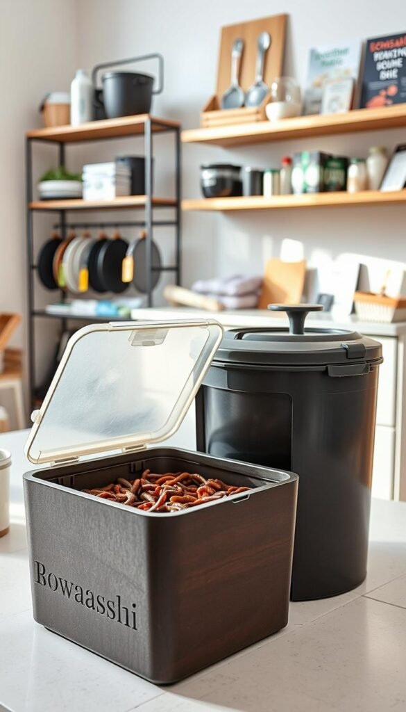 A bright, well-lit indoor setting showcasing various small-scale composting methods. In the foreground, a sleek, modern worm bin made of sturdy plastic or wood, its transparent lid revealing the active colony of composting worms at work. Nearby, a stylish Bokashi bucket with a tight-fitting lid sits atop a kitchen counter, its contents fermenting into nutrient-rich soil amendment. In the background, shelves display an array of composting accessories and educational materials. The overall scene conveys a sense of eco-friendly, space-efficient composting solutions suitable for urban and small-space living.