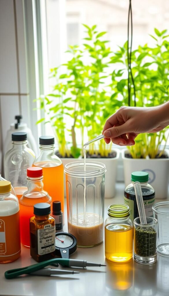 A bright, well-lit kitchen counter with a variety of organic hydroponic nutrient bottles and jars neatly arranged. In the foreground, hands carefully measure and mix the nutrient solutions, pouring them into a transparent container. The middle ground shows various hydroponics equipment like a pH meter, pipettes, and measuring cups. The background features lush, verdant hydroponics plants thriving under natural lighting, creating a serene, eco-friendly atmosphere. The scene conveys a sense of precision, care, and sustainability in the process of preparing organic nutrient solutions for a hydroponic system.