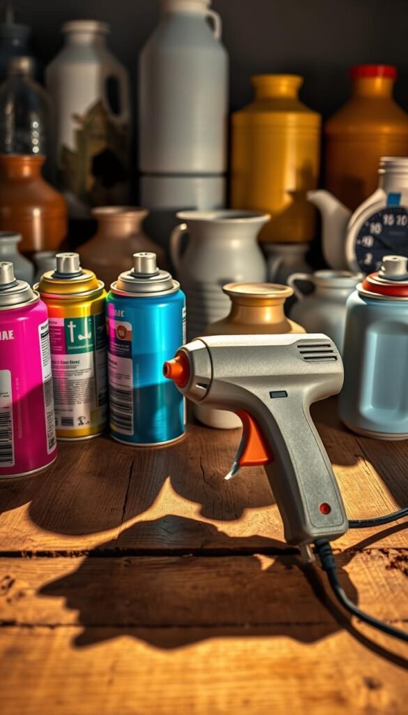 A brightly lit, close-up view of an artful arrangement of spray paint cans and a hot glue gun in the foreground, casting long shadows on a well-worn wooden surface. The cans feature vibrant colors like neon pink, electric blue, and metallic gold. The hot glue gun, plugged in and ready to use, sits prominently in the center, its nozzle oozing translucent strands of glue. In the background, various recycled vessels, such as coffee tins and milk jugs, are positioned, hinting at the creative possibilities of upcycling. The overall scene exudes a sense of creative energy, inviting the viewer to imagine the transformative potential of these simple tools and materials.