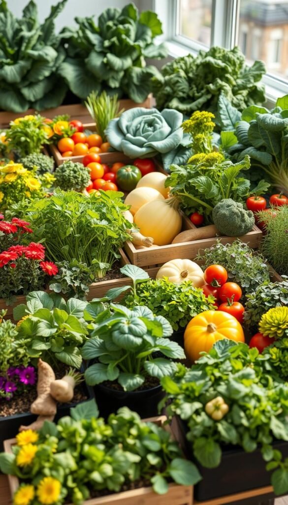 A brightly lit, high-resolution photograph of a table display showcasing an assortment of seasonal vegetables and herbs arranged in a visually appealing manner. The foreground features a variety of leafy greens, root vegetables, and vibrant flowering plants neatly organized in small pots and boxes. The middle ground includes medium-sized squash, tomatoes, and peppers, while the background contains larger, bushy plants like kale and chard. The lighting is soft and natural, accentuating the colors and textures of the produce. The composition is balanced, with a sense of depth and harmony, conveying the idea of a well-planned and diverse succession planting schedule for year-round harvests.