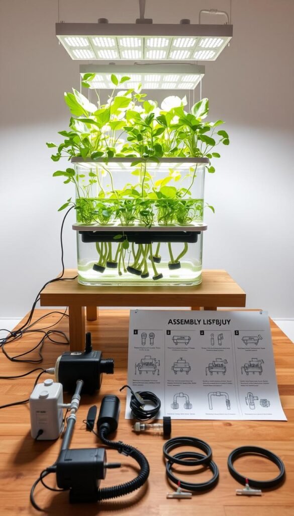 A brightly lit indoor gardening setup with lush hydroponic plants suspended in a clear water-filled container, on a wooden table. In the foreground, various hydroponics equipment like pumps, pipes, and grow lights are neatly arranged. In the middle ground, a step-by-step visual guide showcases the assembly process, with labeled diagrams. The background features a minimalist studio setting with clean white walls, allowing the plants and equipment to be the focal point. The overall mood is one of order, simplicity, and the joy of cultivating a thriving indoor garden.