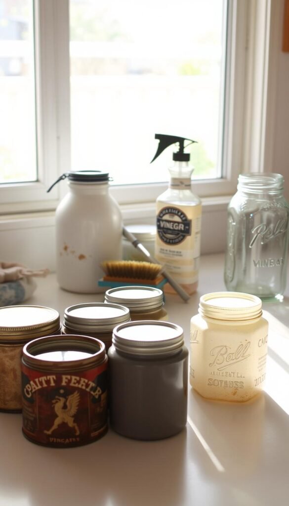 A brightly-lit kitchen counter with an assortment of old containers, including a rusty metal coffee tin, a worn plastic milk jug, and a tarnished glass mason jar. The containers are arranged in the foreground, with soft shadows indicating directional lighting from the side. In the middle ground, cleaning supplies such as a sponge, a wire brush, and a bottle of vinegar are neatly placed, suggesting the process of preparing the containers for upcycling. The background features a blurred view of a balcony or patio, hinting at the eventual use of the cleaned and repurposed containers. The overall scene conveys a sense of care, organization, and a dedication to sustainability.