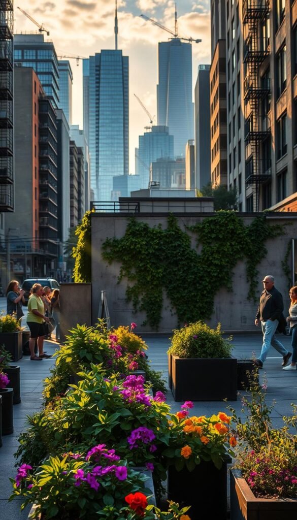 A bustling city street at dusk, shadows cast by towering buildings. In the foreground, a group of urban gardeners secretly planting vibrant flowers and herbs in neglected planters and abandoned lots. Rays of warm, golden light filter through the leaves, casting a hopeful glow. In the middle ground, a shabby concrete wall is being transformed with a mural of lush, verdant vines. In the background, the silhouettes of skyscrapers and cranes, a testament to the resilience of nature in the urban jungle. The scene exudes a sense of quiet revolution, a reclaiming of public space through the power of guerrilla gardening.