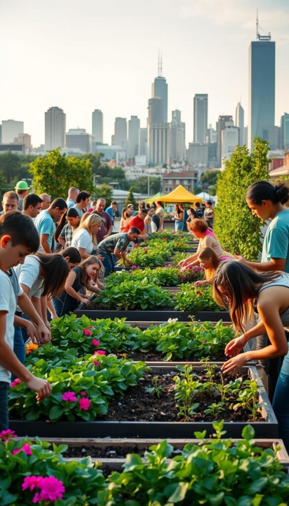 A bustling community garden event, people of all ages gather to plant lush greenery in an urban setting. In the foreground, friends and neighbors work together, tending to raised garden beds, planting vibrant flowers and vegetable seedlings. Midground, a diverse group of volunteers collaborate, hands in the soil, cultivating a shared vision of a greener future. In the background, a city skyline frames the scene, skyscrapers and high-rises in warm, golden hour light, signifying the growth and renewal taking place. Soft, natural lighting illuminates the collaborative spirit, evoking a sense of togetherness, vitality and hope.