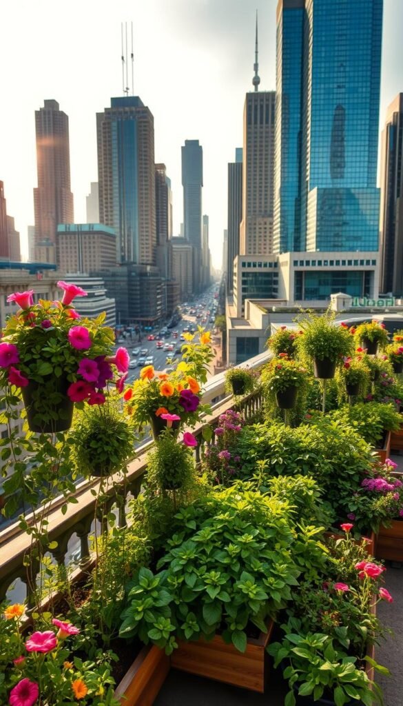 A bustling urban environment with towering skyscrapers and busy streets in the background. In the foreground, a lush, thriving container garden fills a secluded balcony or rooftop. Vibrant flowers, herbs, and vegetables cascade down from hanging planters and neatly arranged raised beds, creating a verdant oasis amidst the concrete jungle. Warm, diffused sunlight filters through, casting a soft, golden glow over the scene. The composition emphasizes the striking contrast between the natural elements and the urban landscape, highlighting the benefits of container gardening in space-constrained city settings.