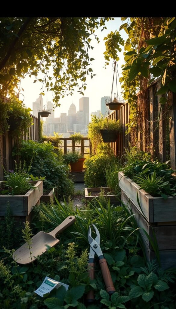 A bustling urban garden in golden afternoon light, wild plants and herbs spilling from raised beds and containers, tangled vines climbing over weathered fences. In the foreground, a wooden trowel and pruning shears lie amid the lush, verdant growth. Distant skyscrapers peek through the foliage, creating a harmonious contrast between the ordered city and the untamed nature taking hold. An atmosphere of peaceful coexistence, showcasing the beauty that can blossom when chaos and order intermingle in the urban landscape.