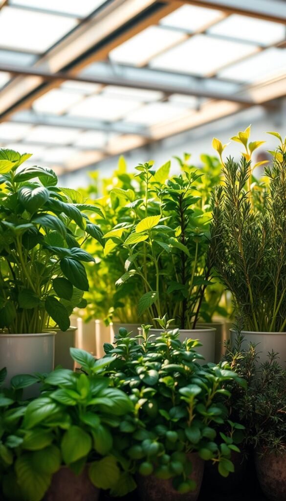 A carefully arranged selection of lush, hydroponic herbs in various stages of growth, beautifully illuminated by warm, natural lighting from overhead skylights. Basil, mint, rosemary, and thyme plants in ceramic pots stand in a neat row, their vibrant green leaves glistening with moisture. The scene conveys a sense of tranquility and abundance, inviting the viewer to envision these herbs thriving in an indoor, soil-free environment. The image is captured from a slightly elevated angle, highlighting the depth and texture of the plants against a softly blurred background, creating a visually striking and appetizing representation of an indoor hydroponic herb garden.
