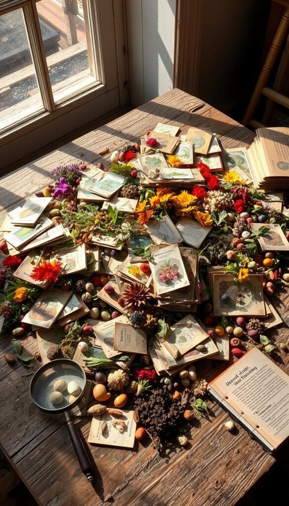 A chaotic assortment of heirloom vegetable and wildflower seeds spill across a weathered wooden table, their packets in disarray. Sunlight streams through a nearby window, casting warm shadows and highlighting the vibrant colors of the diverse seed varieties. The scene conveys a sense of natural abundance and the joy of discovering the unexpected in a carefully curated urban garden. A vintage magnifying glass, a tattered field guide, and a handful of soil suggest the hands-on, exploratory nature of this seed selection process. The overall atmosphere is one of creative spontaneity and a celebration of the untamed beauty of nature within the confines of the city.