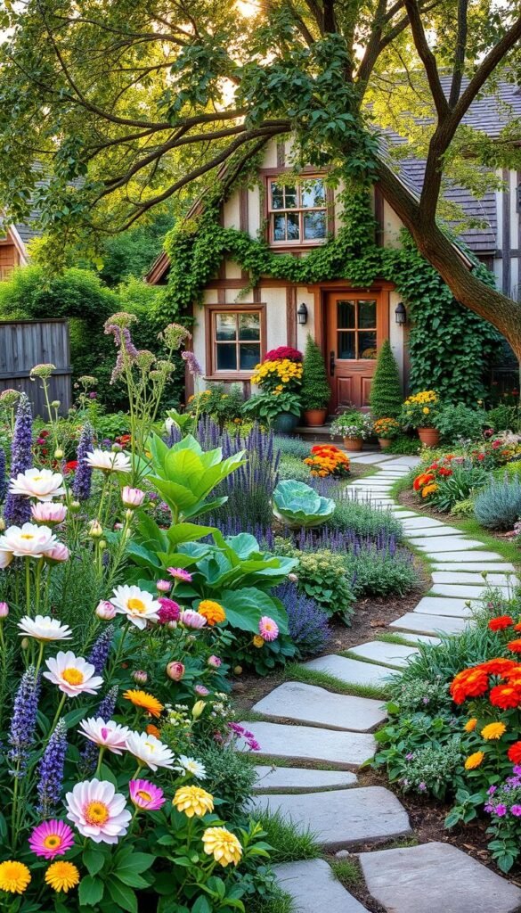 A charming cottage garden overflowing with a lush, romantic mix of colorful flowers and verdant vegetables. In the foreground, a winding stone path leads through a whimsical arrangement of blooming peonies, delicate lavender, and bushy herbs. In the middle ground, rows of neatly tended kale, tomatoes, and zucchini plants intermingle with cheerful marigolds and nasturtiums. The background features a picturesque timber-framed cottage, its weathered walls draped in cascading vines and climbing roses. Soft, dappled sunlight filters through the canopy of a mature apple tree, casting a warm, inviting glow over the entire scene. The overall atmosphere is one of rustic tranquility and abundant natural beauty.