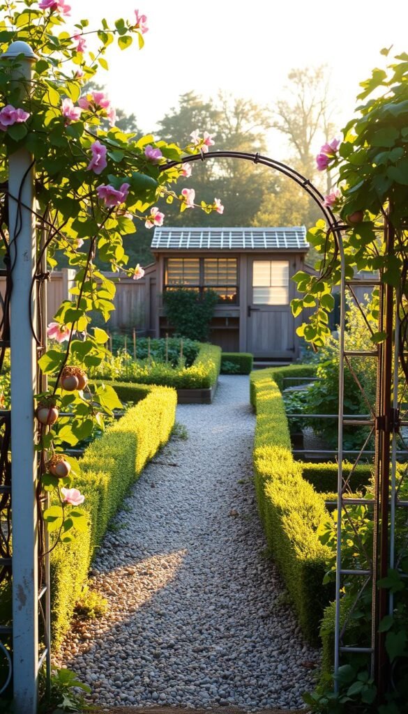 A charming garden fence design with delicate wrought-iron railings, adorned with lush, cascading vines and blooming flowers. The fence stands in the foreground, framing a picturesque backyard vegetable garden filled with thriving plants. Warm, golden sunlight filters through the scene, casting a gentle glow and creating deep, soft shadows. The middle ground features a winding gravel path leading towards the garden, bordered by neatly trimmed hedges. In the background, a wooden shed or greenhouse adds a rustic touch, complementing the overall pastoral ambiance. The entire composition exudes a sense of tranquility and natural beauty, creating an inviting and functional enclosure for the backyard vegetable garden.