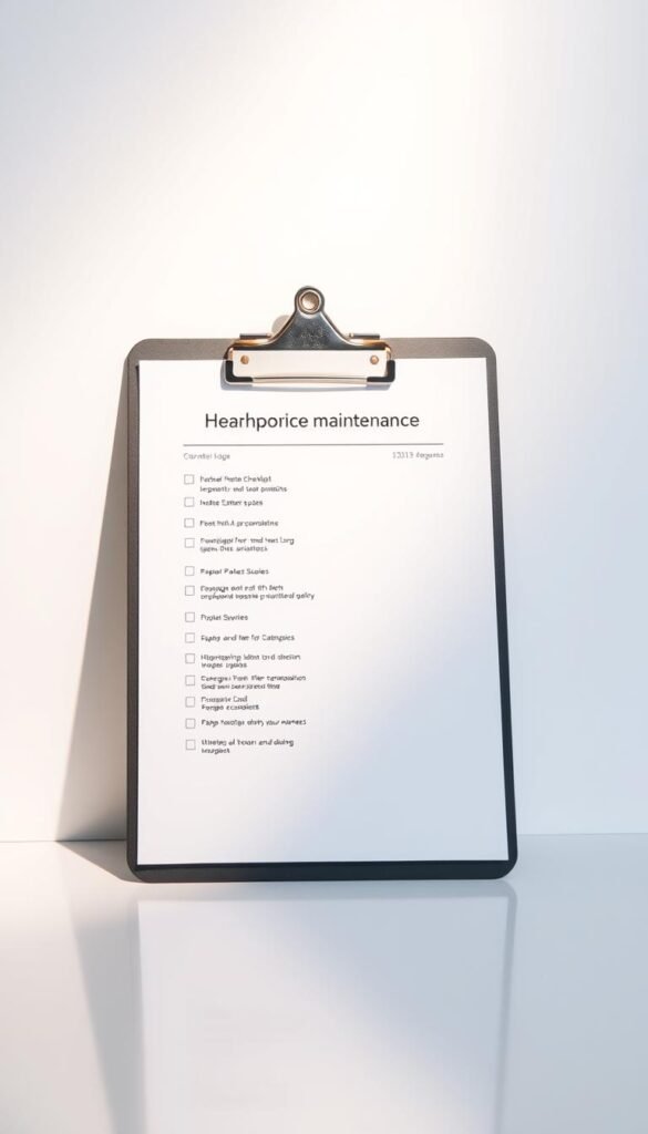 A clean, well-organized aeroponic maintenance checklist displayed on a sleek, minimalist clipboard against a bright, evenly-lit background. The clipboard rests on a smooth, reflective surface, casting a subtle shadow. The checklist pages feature a simple, sans-serif font with neatly arranged, bullet-pointed tasks. The overall mood is professional, efficient, and informative, conveying the importance of proper aeroponic system upkeep.