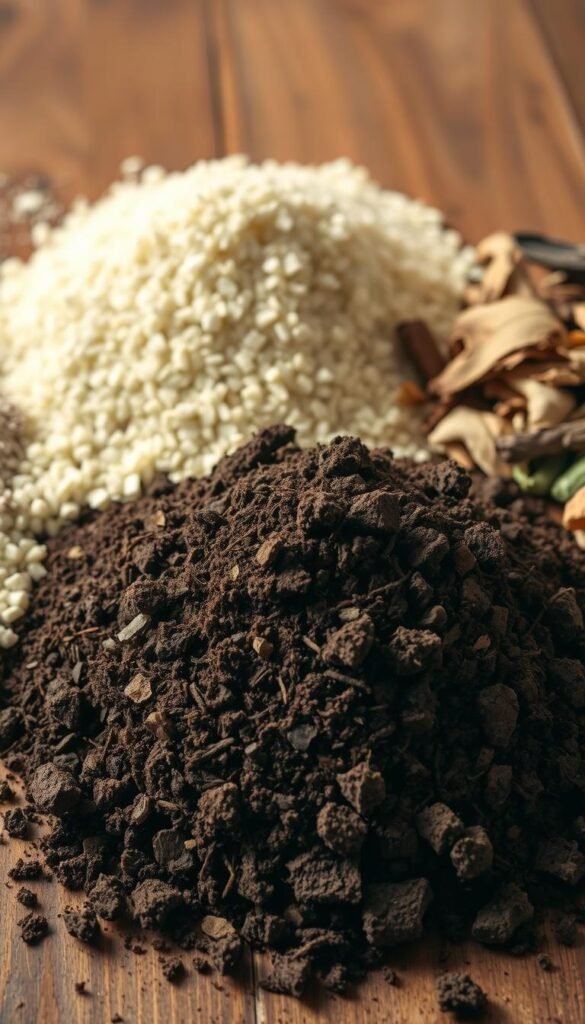 A close-up, detailed view of various potting soil ingredients arranged on a wooden surface. In the foreground, a pile of rich, dark-brown organic compost. Behind it, a mound of lighter-colored perlite or vermiculite. To the side, a scattering of dried leaves, twigs, and other natural amendments. The lighting is warm and slightly diffused, creating a soft, natural atmosphere. The camera angle is slightly elevated, providing a comprehensive perspective of the soil components. Textures are prominent, inviting the viewer to imagine the tactile experience of mixing and preparing the perfect potting soil blend.