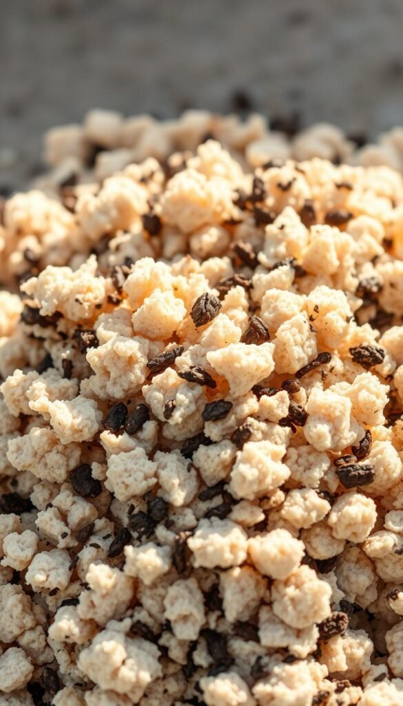 A close-up image of a pile of light, fluffy potting mix, the texture resembling soft, airy clouds. The dark brown soil particles are evenly dispersed, creating a visually appealing, three-dimensional structure. The mix is illuminated from above, casting gentle shadows that accentuate the contours and depth. The lighting is natural and diffused, lending a warm, inviting ambiance. The image is captured with a macro lens, filling the frame and isolating the soil mix against a blurred, neutral background, placing the focus entirely on the key element. The overall mood is one of healthy, vibrant growth, perfectly suited to illustrate the importance of soil selection for container gardening vegetables.