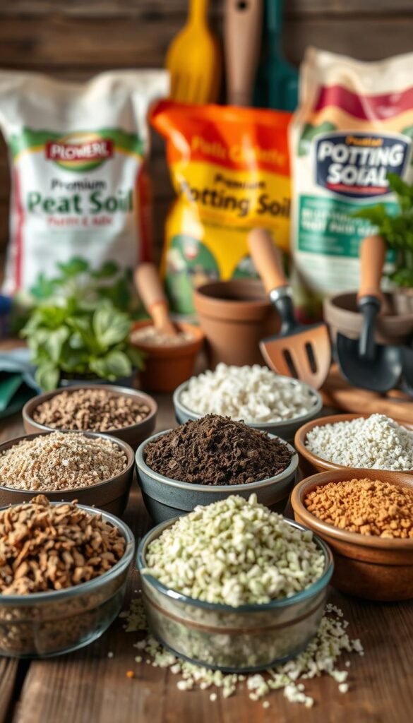A close-up of a selection of high-quality potting mix ingredients arranged on a wooden table. In the foreground, different types of organic matter such as compost, peat moss, and vermiculite are displayed in small bowls. The middle ground features bags of premium potting soil and fertilizer. In the background, a few gardening tools like trowels and gardening gloves add a sense of practicality. The lighting is soft and natural, illuminating the textures and colors of the materials. The overall composition conveys a sense of care and attention to detail in creating the ideal soil mix for container gardening.