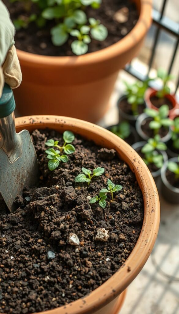 A close-up photograph of a container garden soil preparation scene, shot from an overhead angle with a shallow depth of field. The foreground features a mix of potting soil, compost, and perlite being blended together in a large terracotta planter. Gardening tools like a trowel and gardening gloves are visible. The middle ground shows a selection of small vegetable seedlings and herb starts ready for planting. The background has a blurred, out-of-focus view of a sunny balcony or patio, hinting at the small space gardening context. The lighting is soft and natural, creating a warm, earthy atmosphere that evokes the care and attention required for successful container gardening.