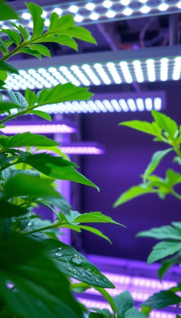 A close-up photograph of a hydroponic plant system bathed in full spectrum LED lighting. The foreground depicts lush, verdant leaves glistening with water droplets, capturing the vibrant essence of photosynthesis. The middle ground showcases an array of adjustable, high-efficiency LED grow lights, their color temperatures tuned to the optimal PAR spectrum for maximum plant growth. The background fades into a soft, diffused glow, creating a harmonious and natural-looking environment. The lighting is evenly distributed, casting no harsh shadows, and the entire scene conveys a sense of healthy, thriving plant life under carefully engineered illumination.