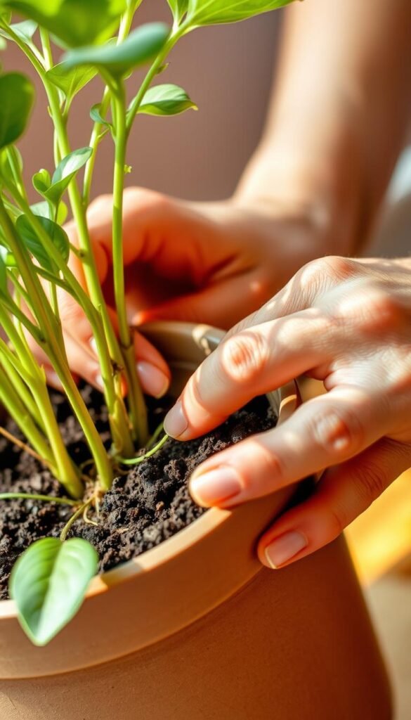 A close-up shot of a person's hands carefully examining the soil and roots of a potted plant. The plant's leaves are slightly drooping, indicating potential overwatering. The person's fingers gently probe the soil, checking its moisture content and the health of the plant's root system. Soft, natural lighting illuminates the scene, creating a warm, contemplative atmosphere. The background is blurred, keeping the focus on the hands and the plant. The image conveys a sense of diligence and care as the person assesses the plant's condition.