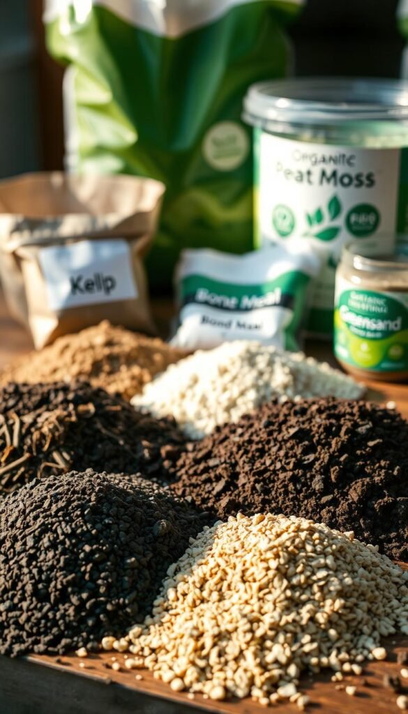 A close-up shot of various organic potting soil amendments arranged on a wooden table. In the foreground, a blend of dark compost, perlite, and vermiculite. In the middle ground, dried kelp, bone meal, and blood meal. In the background, a bag of peat moss and a container of greensand. The scene is softly lit from the side, creating warm shadows and highlights that accentuate the textures and colors of the natural materials. The overall mood is one of earthy, nurturing abundance, inviting the viewer to explore the restorative properties of these potting soil boosters.