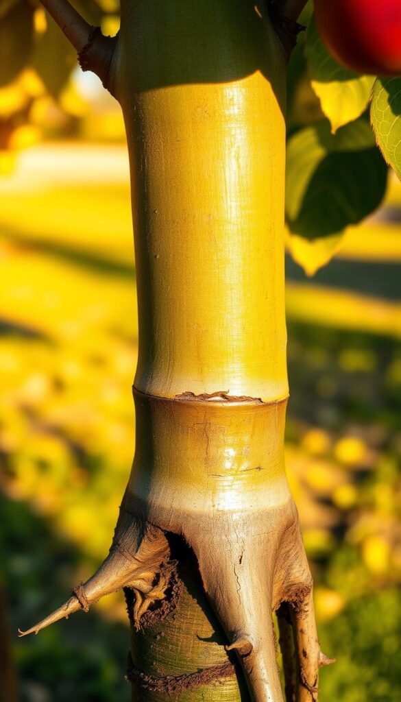 A close-up view of a fruit tree's grafted rootstock, showcasing the intricate process of grafting. The image depicts the delicate union between the rootstock and the scion, with the smooth, healthy bark and distinct graft line clearly visible. The setting is a well-lit, natural environment, with soft shadows and a slightly blurred background that emphasizes the focal point. The lighting casts a warm, golden glow, creating a serene and informative atmosphere. The camera angle is slightly elevated, providing a detailed and educational perspective on this essential horticultural technique for growing robust, productive fruit trees.