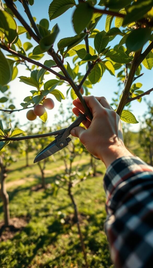 A close-up view of a gardener's hands delicately pruning the branches of a healthy fruit tree, the sunlight gently filtering through the leaves, casting soft shadows on the tree's bark. In the background, a well-maintained orchard with a variety of fruit trees in different stages of growth, their branches neatly trained and shaped for optimal fruit production. The scene conveys a sense of expertise, attention to detail, and the care required to maintain a thriving small-scale fruit tree orchard. Captured with a macro lens, the image highlights the intricate techniques and precision involved in proper pruning for long-term tree health and productivity.
