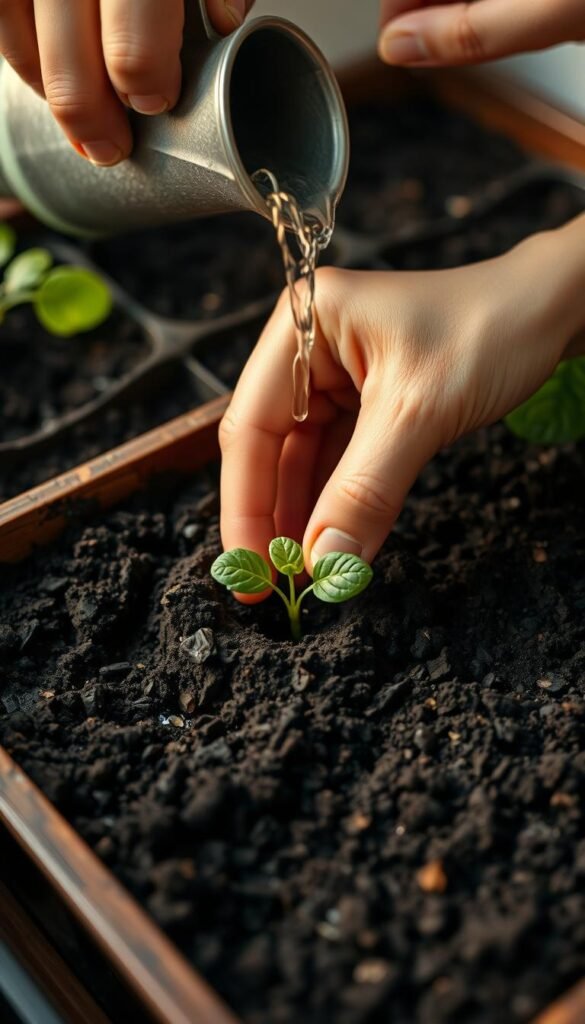A close-up view of a hand carefully planting a seedling in a small planter filled with dark, moist soil. The fingers gently press the soil around the delicate roots, creating a cozy nook for the plant. In the background, a second hand carefully pours water from a small watering can, slowly saturating the soil. Soft, warm lighting illuminates the scene, casting a natural, earthy glow. The composition focuses on the methodical, nurturing process of presoaking and planting, conveying a sense of care and attention to detail essential for a thriving indoor vegetable garden.