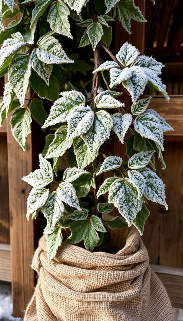 A close-up view of a passionfruit vine, its delicate leaves covered in a shimmering layer of frost. The vines are draped over a wooden trellis, creating a natural, earthy backdrop. Soft, diffused lighting illuminates the intricate details of the frost crystals, casting delicate shadows on the leaves. In the foreground, a cozy, homemade burlap wrap or frost blanket is carefully placed around the base of the plant, offering protection from the biting winter chill. The overall composition conveys a sense of care, attention, and the importance of safeguarding this precious subtropical fruit during the cold season.