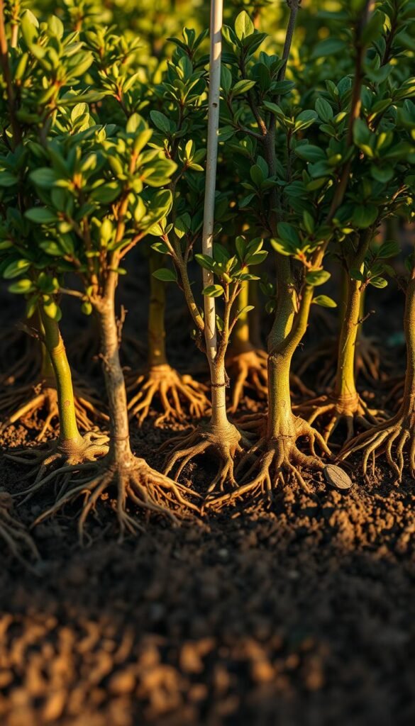 A close-up view of a selection of dwarf tree rootstocks, showcasing their distinct root systems and trunk structures. The rootstocks are arranged in a neat grid, illuminated by soft, natural lighting that casts warm shadows on the soil. The image has a shallow depth of field, focusing attention on the textural details and unique characteristics of each rootstock. The background is slightly blurred, creating a sense of depth and emphasizing the centerpiece of the rootstocks. The overall composition conveys a sense of careful curation and attention to the nuances of these foundational elements of fruit tree cultivation.