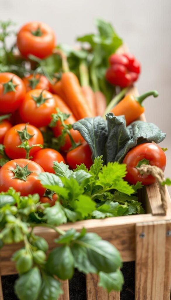 A close-up view of a wooden crate or planter filled with a variety of fresh vegetables, including tomatoes, carrots, peppers, and leafy greens. The container is set against a neutral background, with soft, natural lighting illuminating the produce. The image should convey a sense of balance, organization, and the optimal container size for growing these specific vegetable varieties. The composition should be visually appealing, with a focus on the produce and the container's proportions, rather than extraneous details.