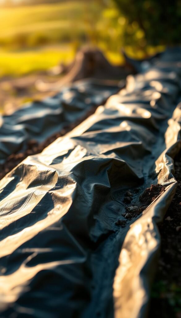 A close-up view of freshly laid black plastic mulch covering soil in a garden bed, with the sun's rays gently illuminating the surface, creating a warm, earthy tone. The plastic smoothly wraps the contours of the soil, trapping heat and moisture to facilitate early seed germination and plant growth. In the background, a blurred landscape suggests a lush, verdant environment, hinting at the fertile potential of this soil-warming technique. The overall composition conveys a sense of anticipation and the promise of an extended growing season to come.