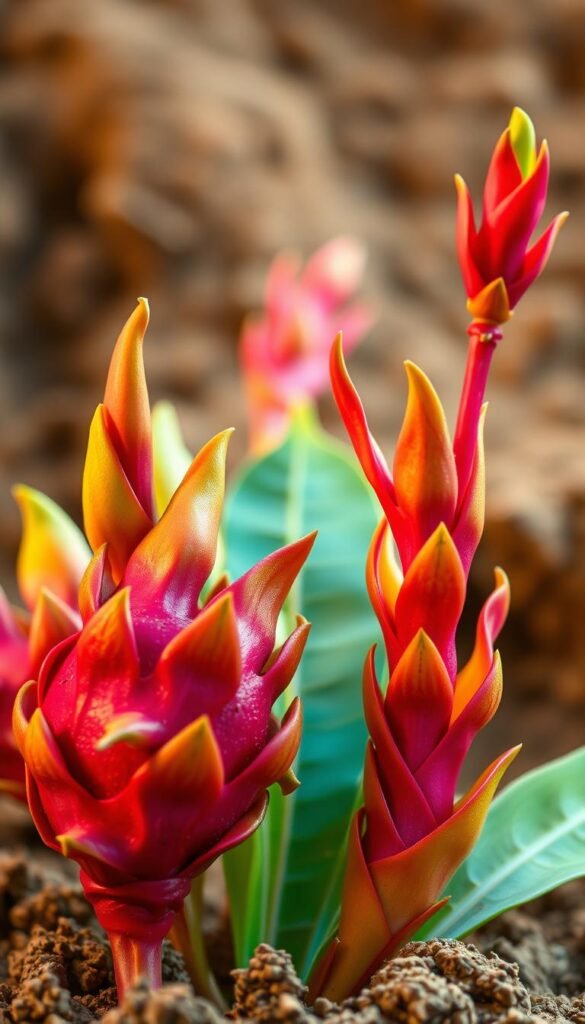 A close-up view of several dragon fruit plant cuttings, their vibrant fuchsia-colored stems and leaves contrasting against a softly blurred, earthy background. The cuttings are arranged in an organic, naturalistic manner, showcasing their unique, segmented structures and dramatic spines. Warm, diffused lighting illuminates the scene, casting gentle shadows and highlighting the textural details of the plant material. The overall composition emphasizes the propagation process, inviting the viewer to consider the steps required to cultivate this exotic, tropical fruit.