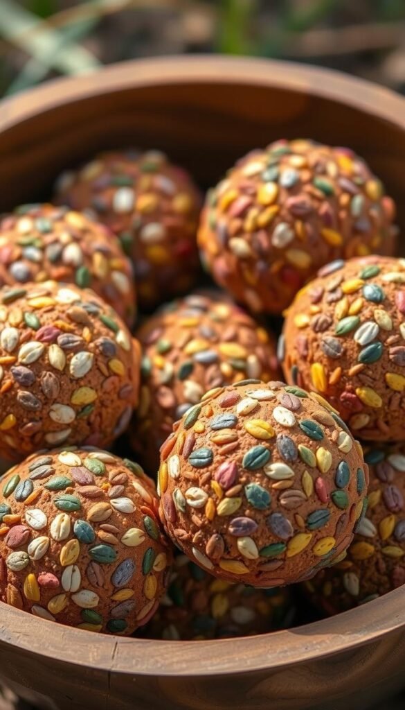 A close-up view of several vibrant, hand-crafted seed bombs in a rustic wooden bowl. Each round, clay-based projectile is filled with a variety of native wildflower and grass seeds, creating a mosaic of warm earthy tones. Soft, natural lighting illuminates the textured surfaces, highlighting the intricate patterns and organic shapes. The background is blurred, ensuring the seed bombs are the focal point, conveying a sense of care and intention in their creation. This image evokes a sustainable, DIY spirit, perfectly suited to illustrate techniques for guerrilla gardening and revitalizing abandoned urban spaces with local flora.