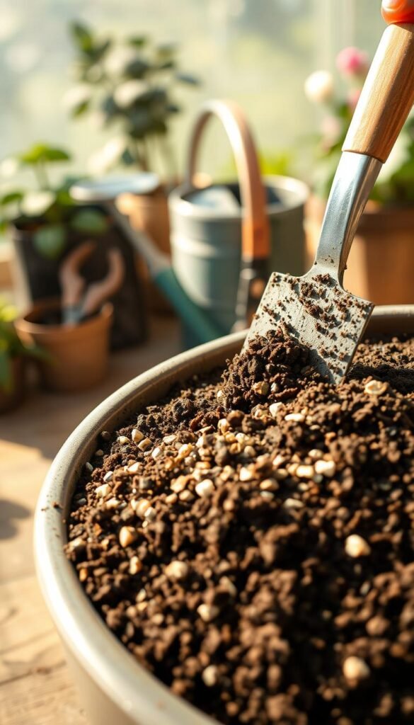 A close-up view of soil preparation for container plants, showcasing a mix of potting soil, compost, and perlite in a large planter. The foreground features the potting mix being carefully blended together with a trowel, revealing the rich, dark-colored soil and lighter-colored amendments. In the middle ground, the planter stands on a wooden surface, with gardening tools such as a watering can and pruning shears visible. The background is softly blurred, creating a serene, natural atmosphere, with a hint of greenery or flowers peeking through. Warm, natural lighting illuminates the scene, casting soft shadows and highlighting the texture of the soil.